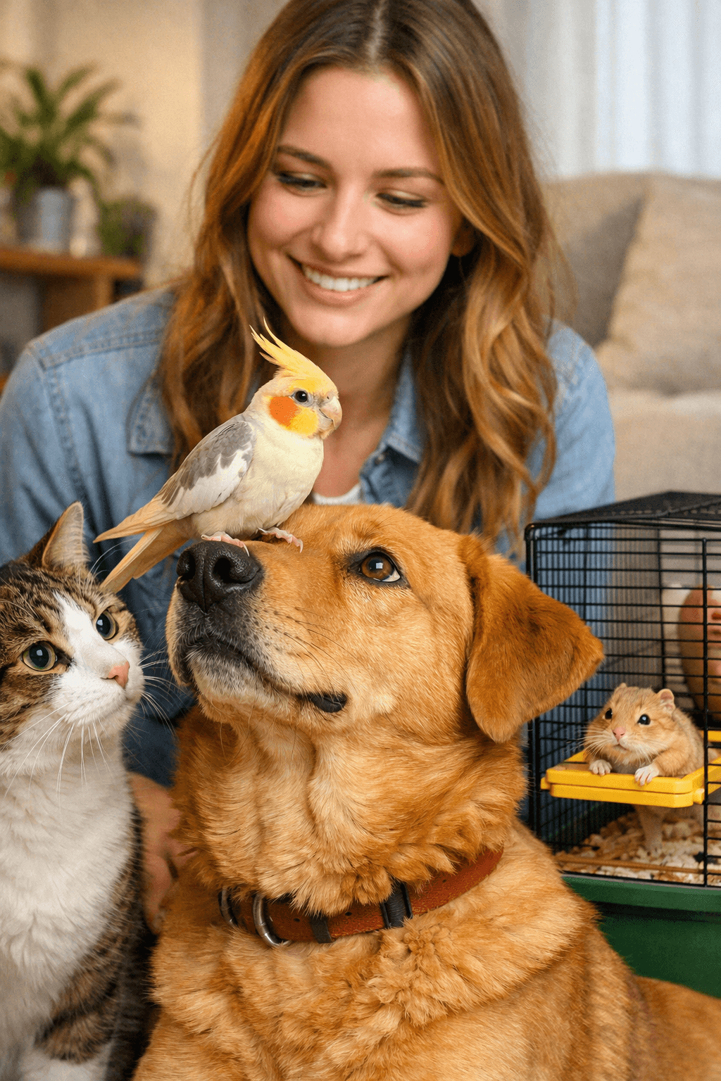 Família feliz com pets - cachorro, gato, pássaro e hamster